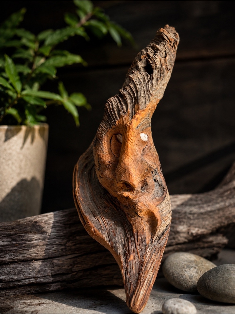Whispers of the Forest Spirit – Hand-Carved Driftwood Face Sculpture